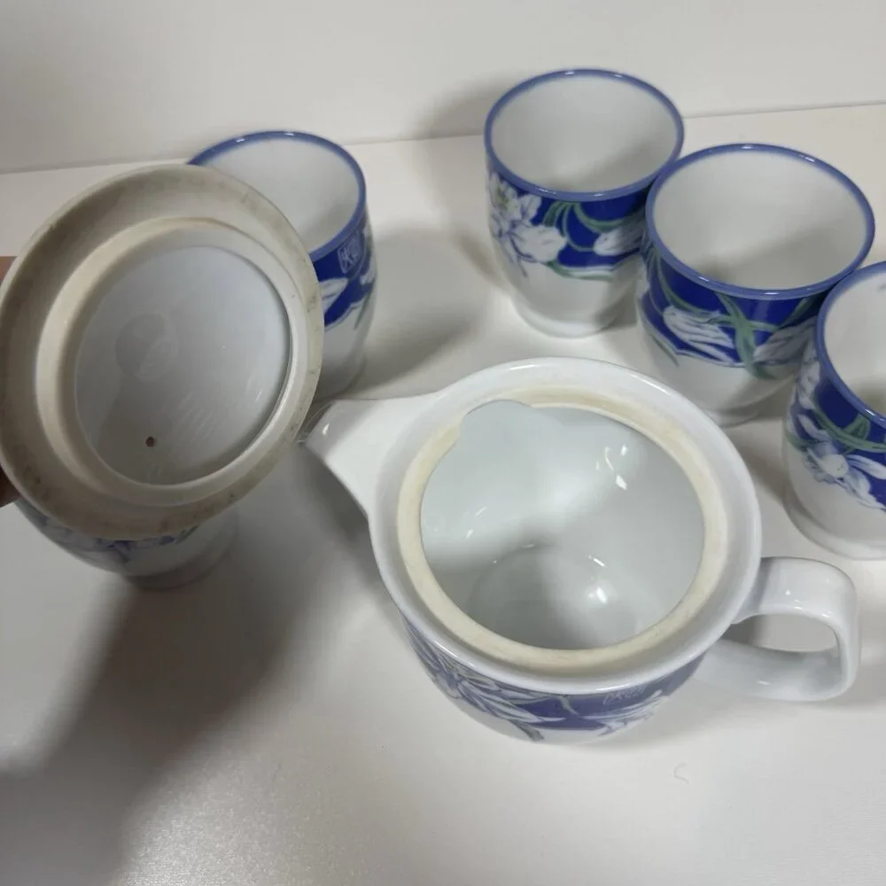 Vintage Arita Yaki Japanese Porcelain Kyusu Yunomi Tea Set Royal Iris Blue White